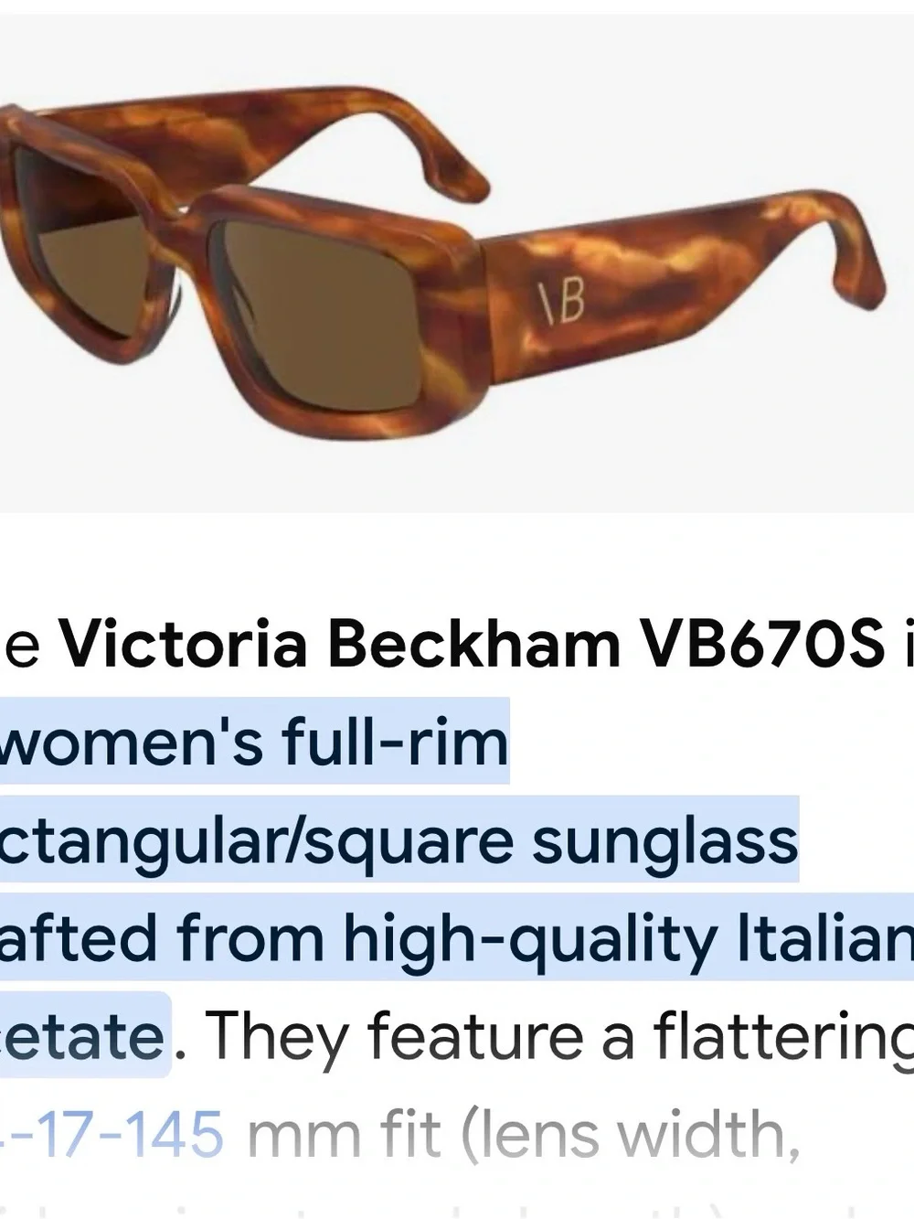 Victoria Beckham Tortoiseshell Square-Frame Sunglasses with Gold VB Accent